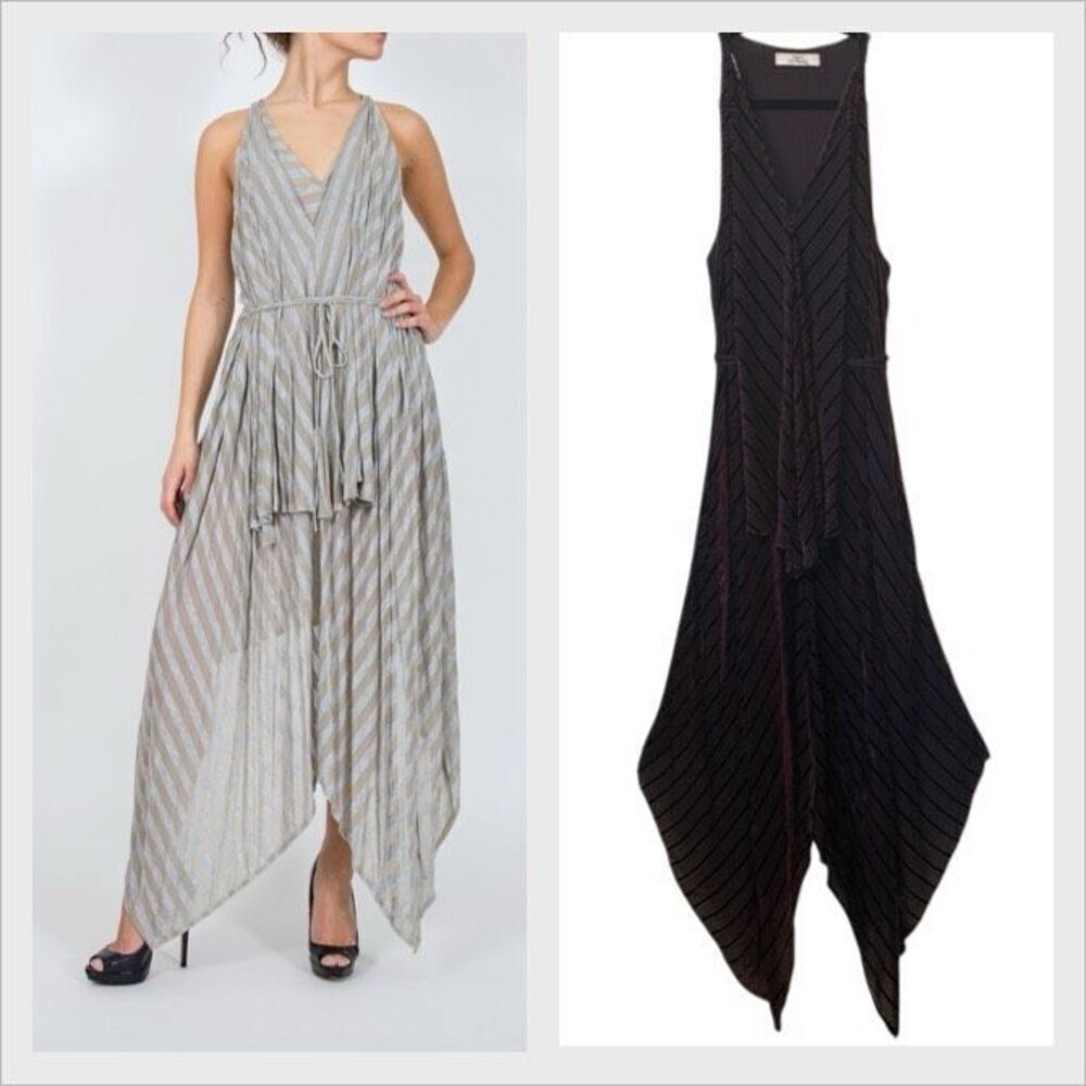 Robert Rodriguez Burgundy Striped Velvet Burnout Asymmetric Hem Maxi Dress Sz 10